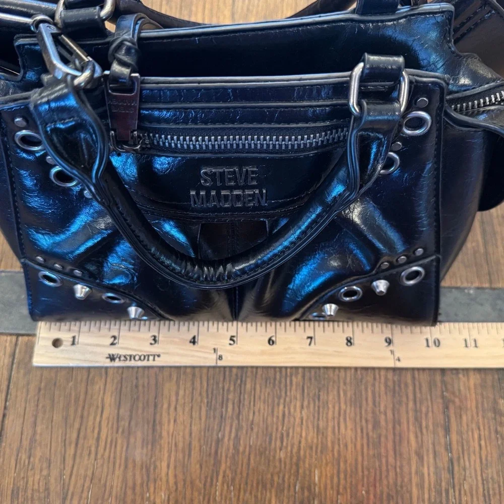 Steve Madden Bmiley Black Distressed Grommet Studded Crossbody Satchel Bag